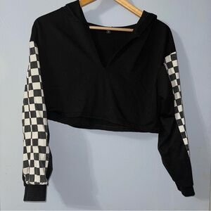 Zaful Black Hoodie with Checkered Sleeves